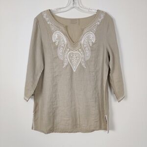 Linen Embroidered Tunic Top Women's Embroidered Blouse Size Medium Bohemian